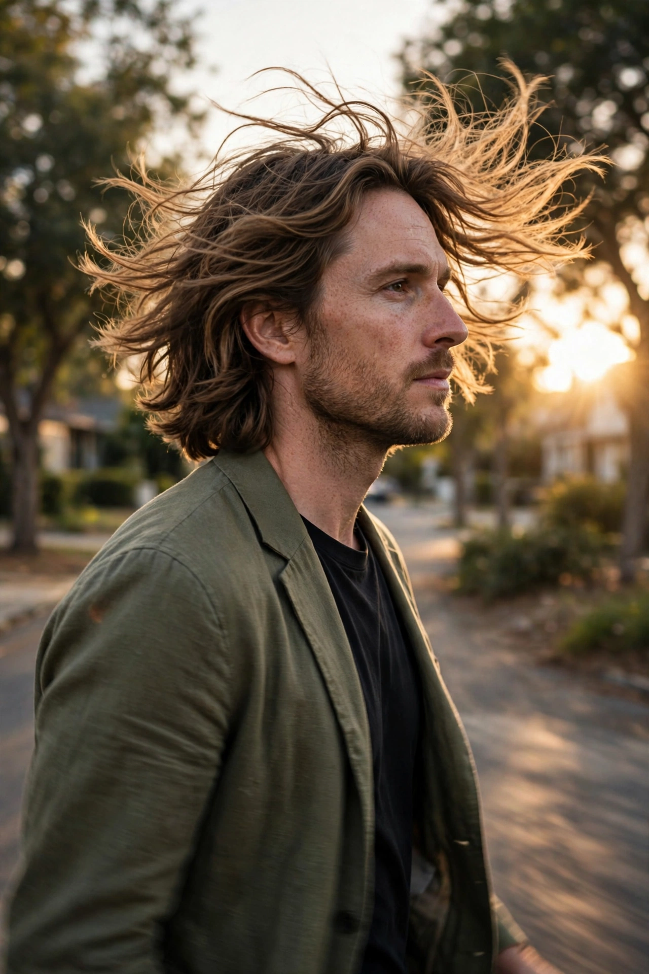 Man with shoulder-length lob walking outdoors, wind in hair, golden hour, lifestyle photography