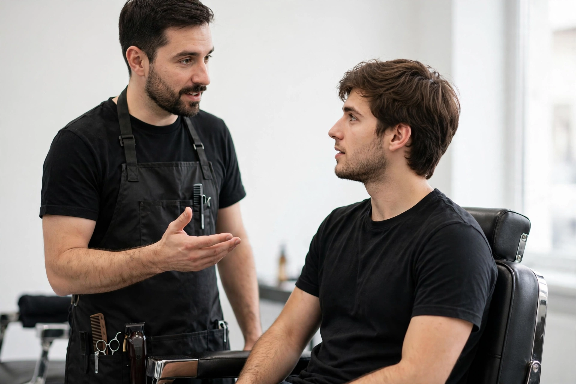 Barber consulting with male client about growing out longer hair, barbershop photography