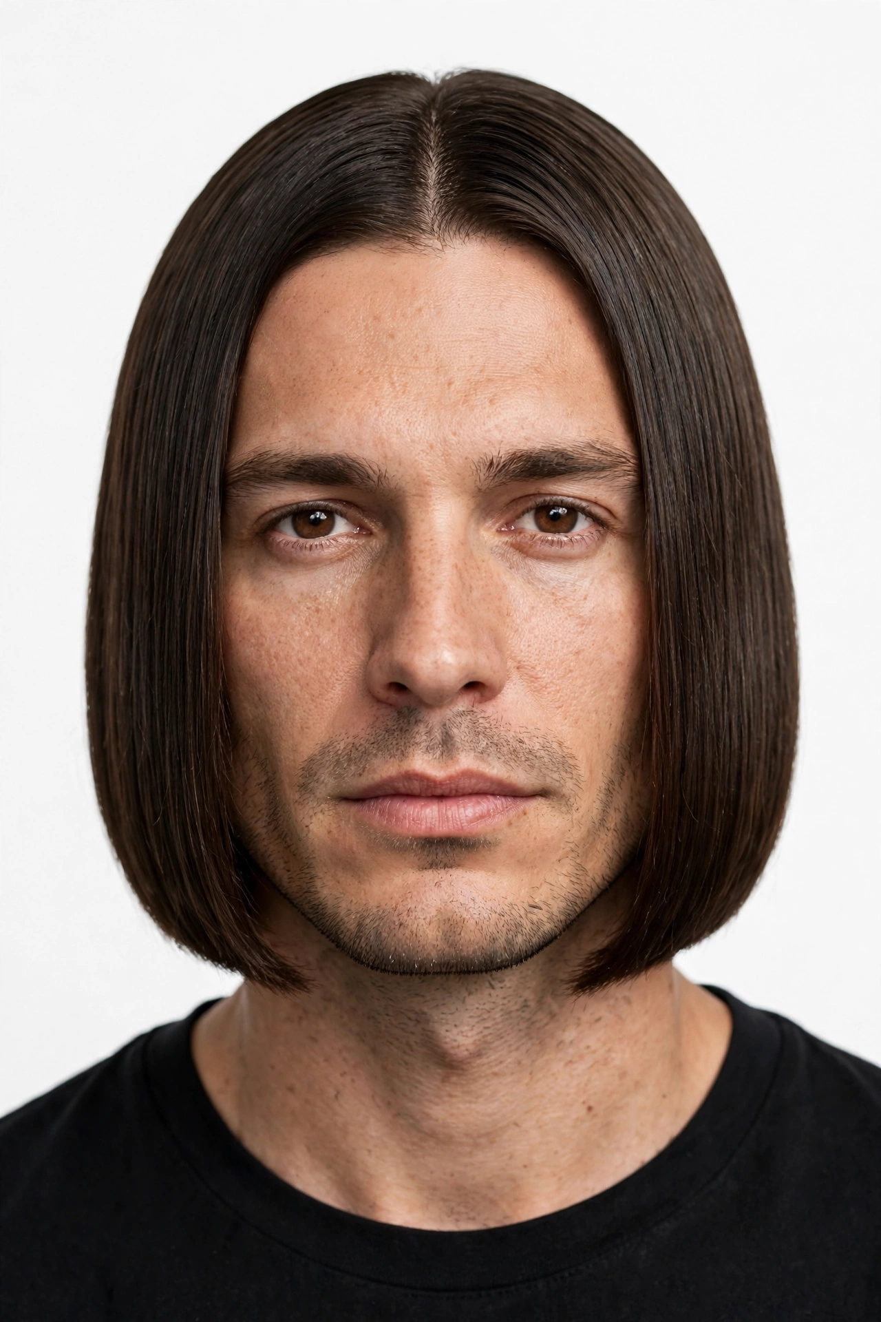 Sleek straight men's lob haircut at chin length, smooth straight hair, premium men's hairstyle photography