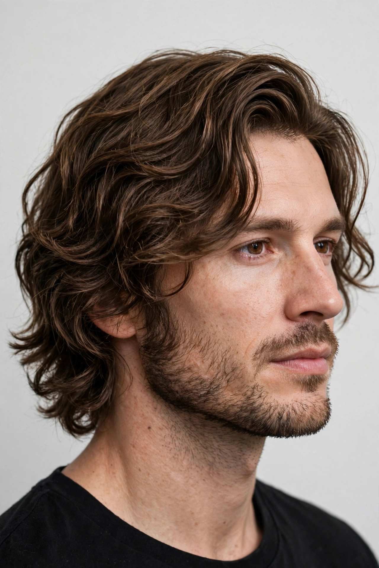 Wavy men's lob haircut at jaw length, natural loose waves, premium men's hairstyle photography