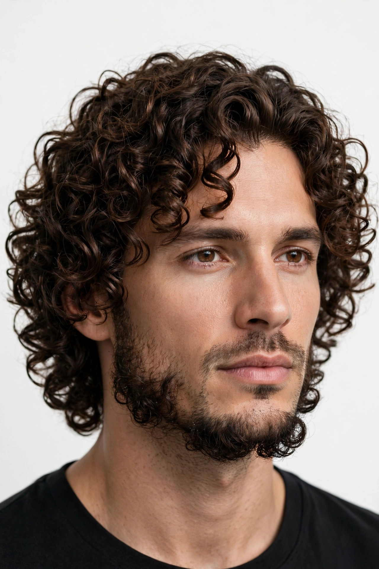 Curly men's lob haircut at chin length, defined curls, premium men's hairstyle photography