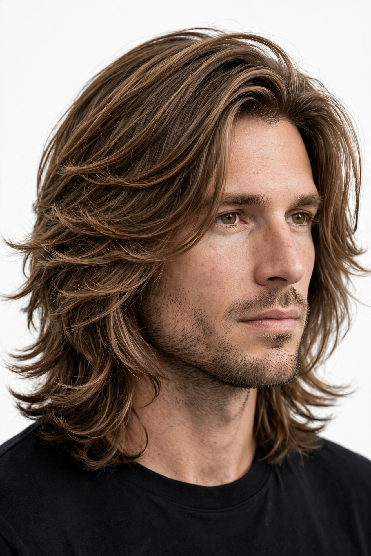 Layered men's lob haircut at shoulder length, soft layers with movement, premium men's hairstyle photography