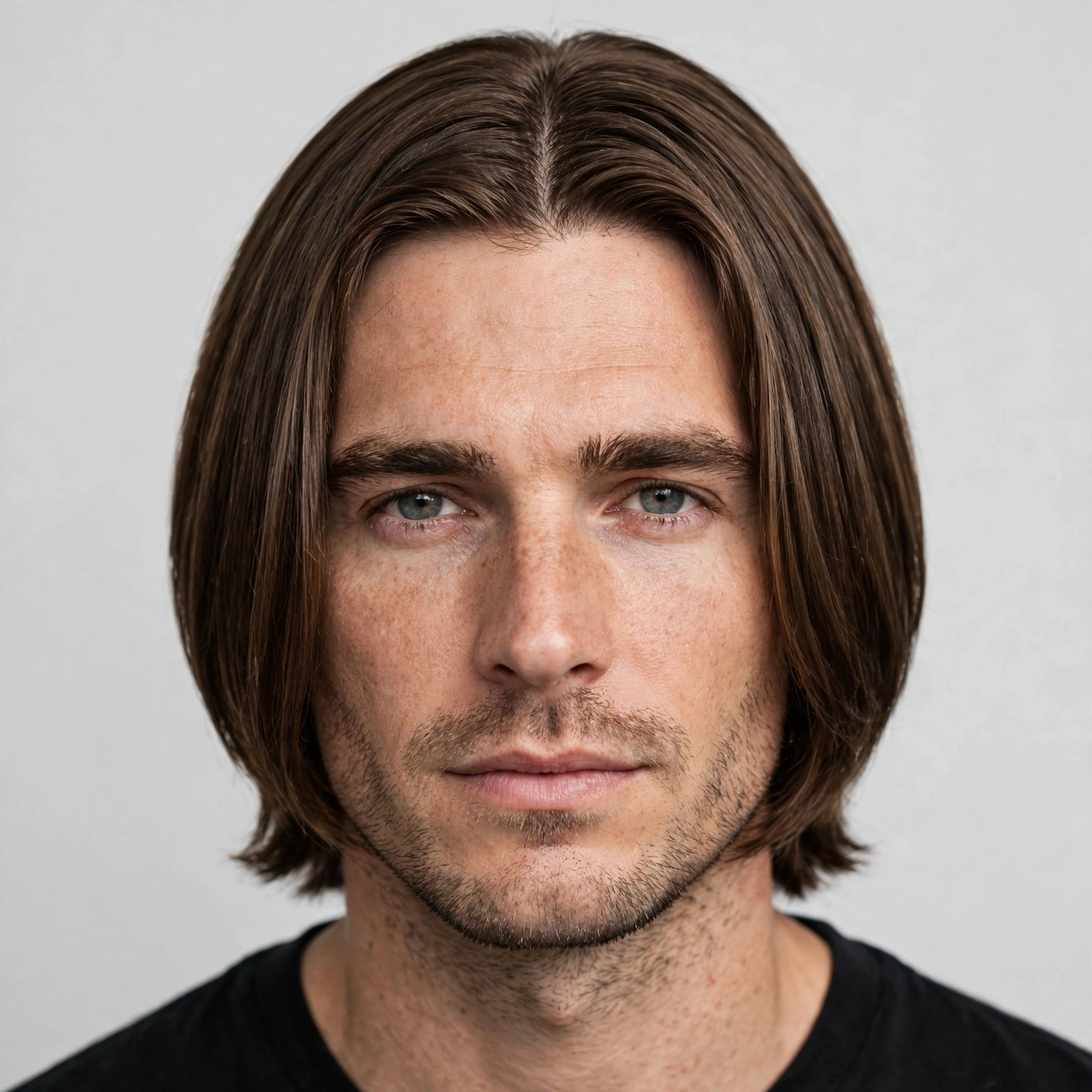 Middle-part men's lob haircut, center-parted hair falling to chin on both sides, premium men's hairstyle photography