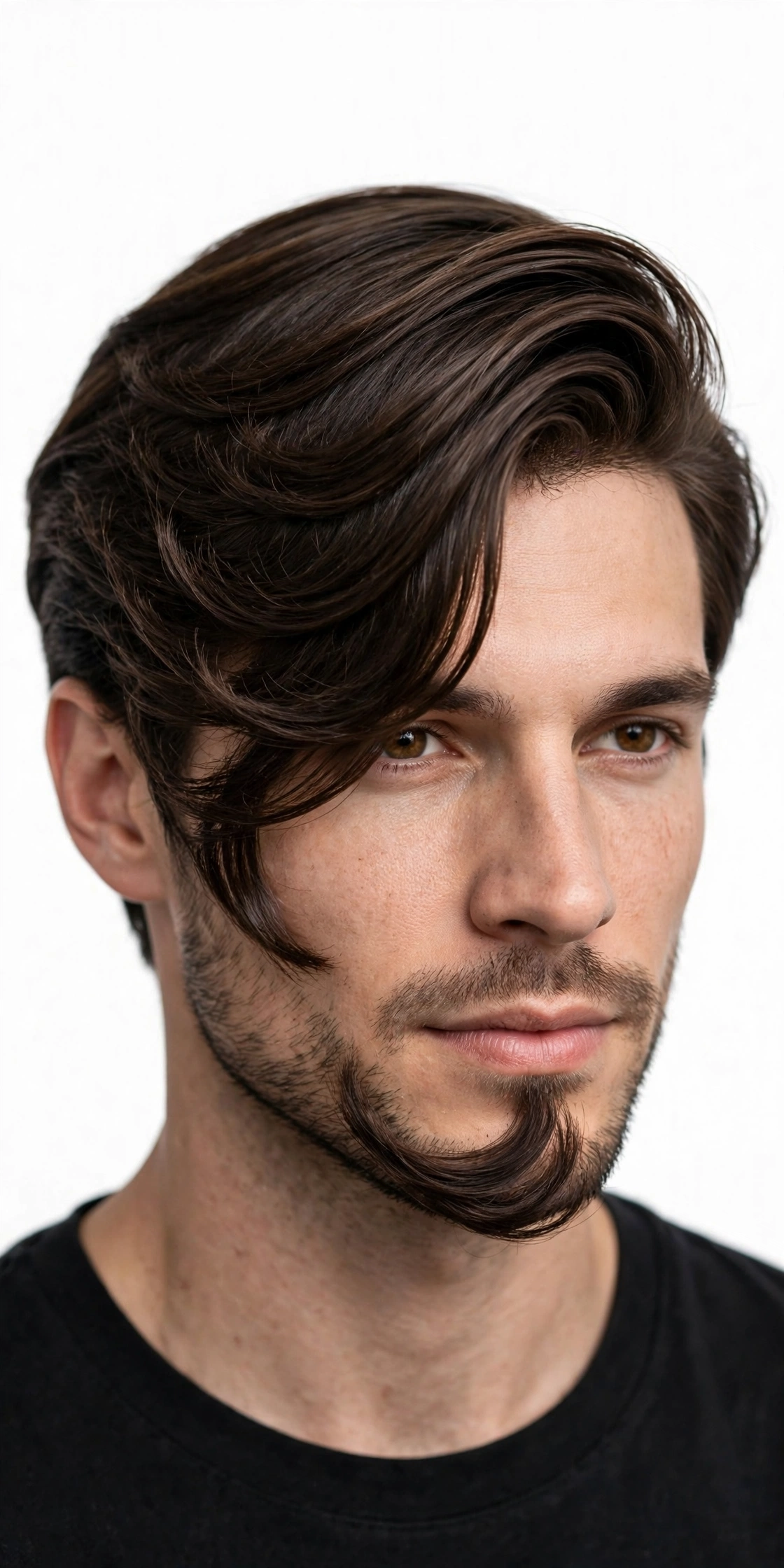 Side-part men's lob haircut swept to one side, premium men's hairstyle photography