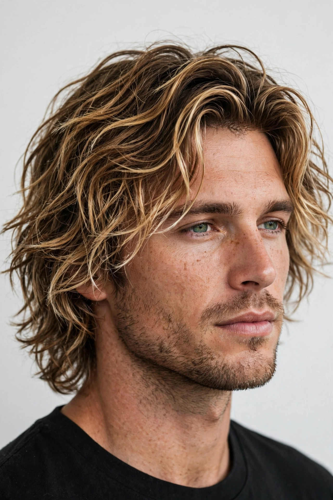 Surfer style men's lob haircut, sun-kissed tousled shoulder-length hair, beachy texture, premium men's hairstyle photography