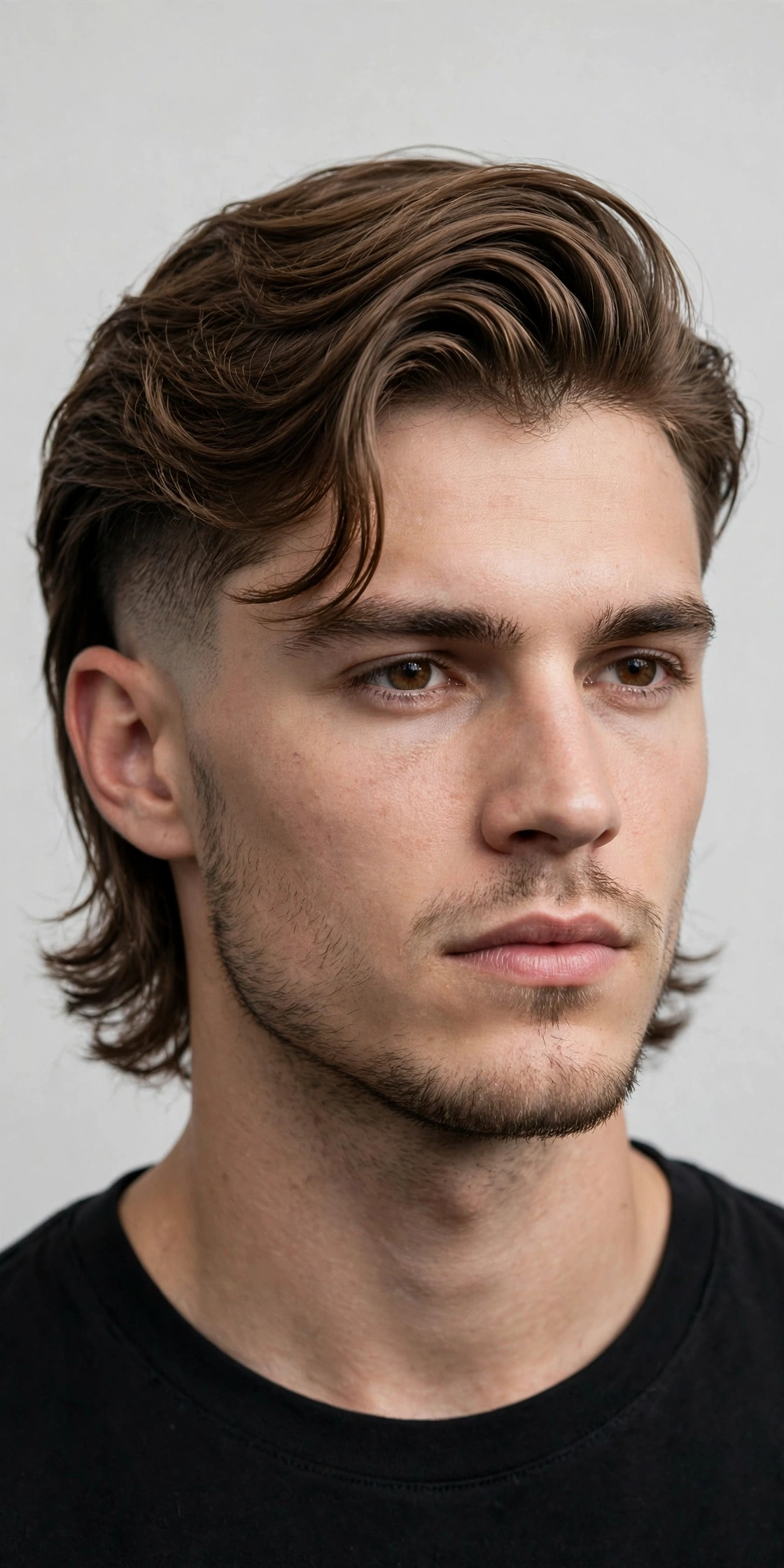Men's lob haircut with undercut, long top at chin length with short disconnected sides, premium men's hairstyle photography