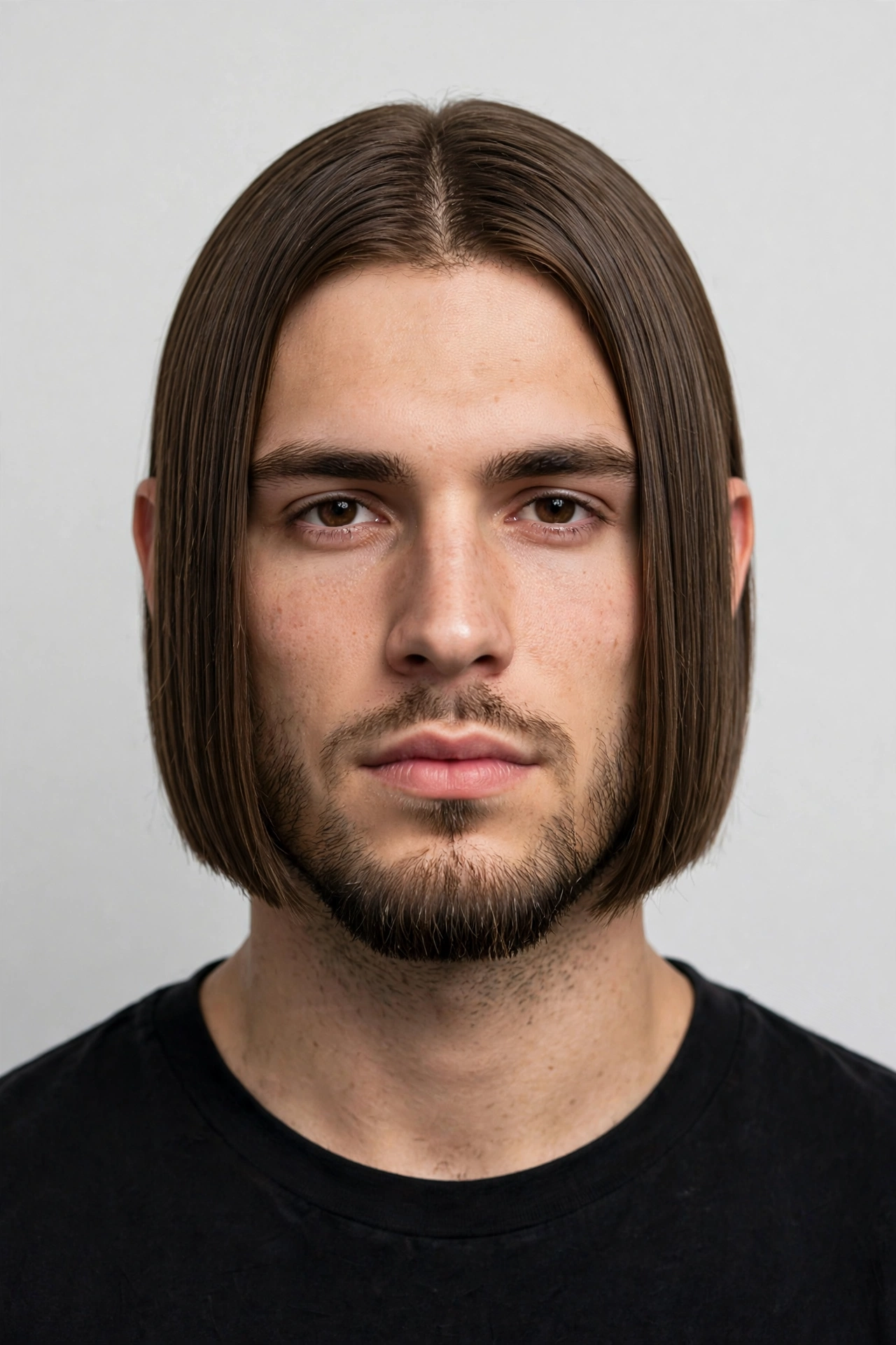 Blunt-cut men's lob at chin length, sharp even perimeter, premium men's hairstyle photography