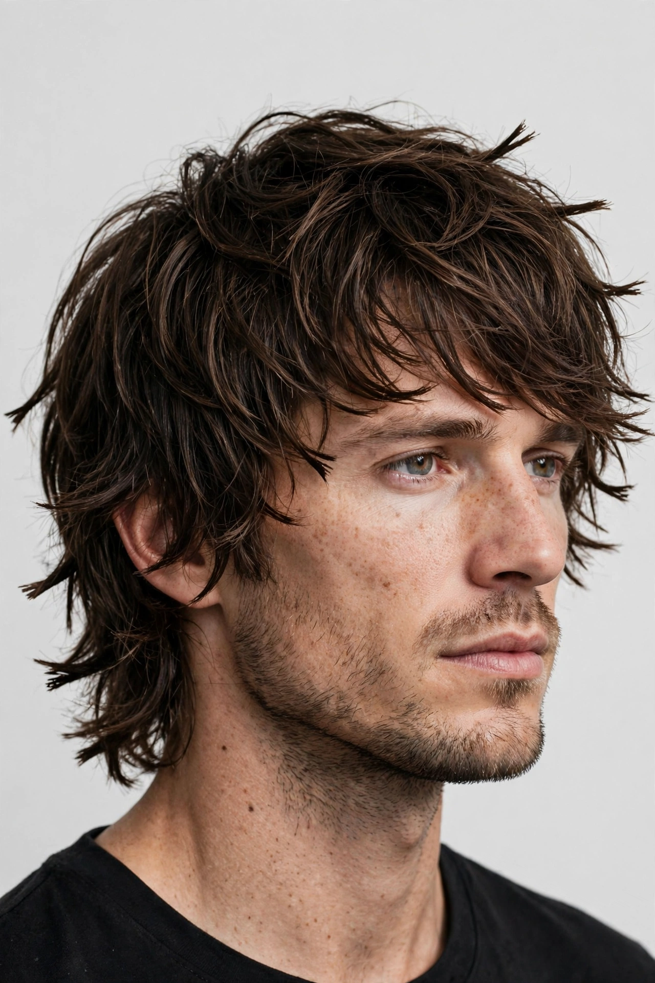 Textured choppy men's lob with piece-y broken ends, premium men's hairstyle photography