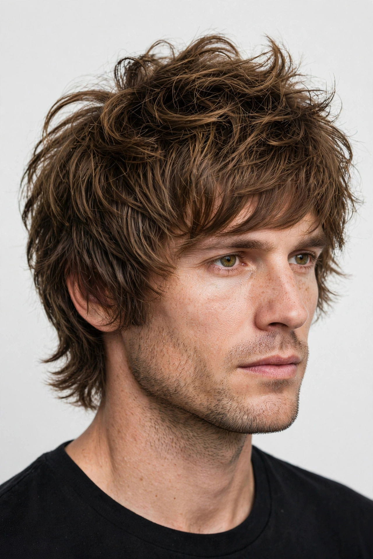 Modern shag lob haircut on a man, choppy layers with volume at crown, premium men's hairstyle photography