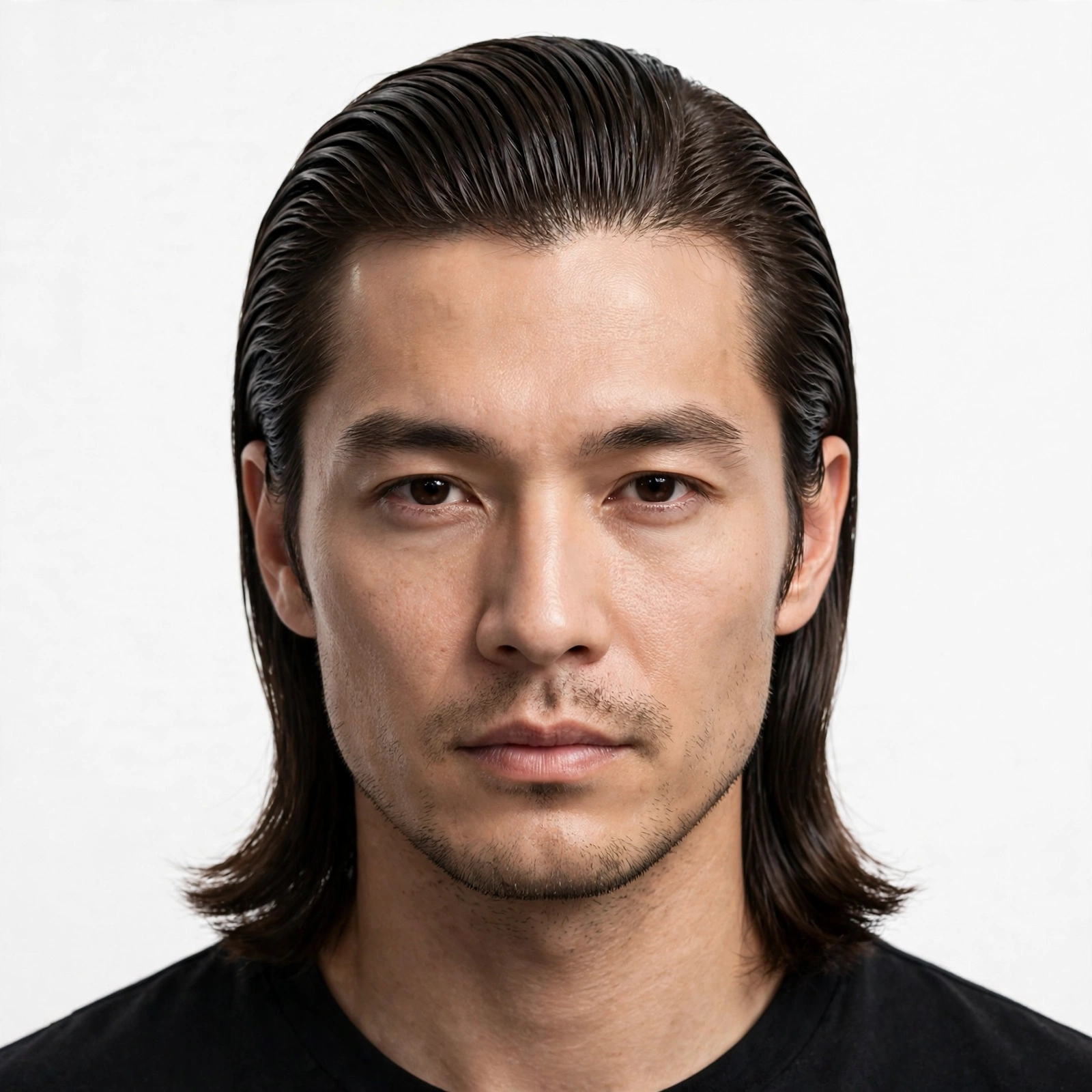 Slicked-back men's lob haircut, long hair combed straight back with shine, premium men's hairstyle photography