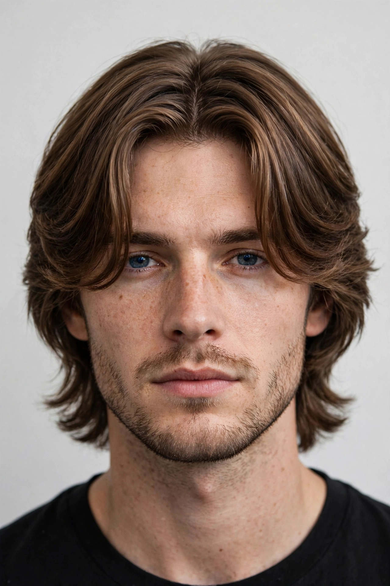 Curtain-bangs men's lob, middle-parted fringe blending into chin-length sides, premium men's hairstyle photography