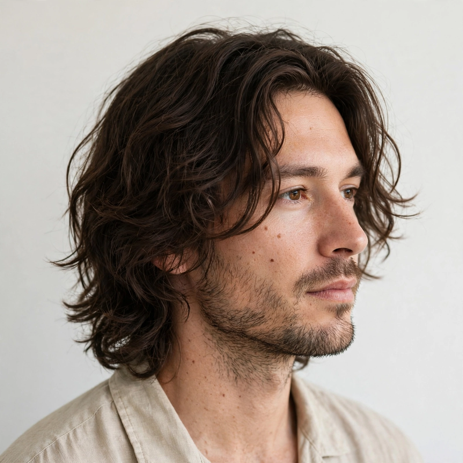 Man with natural air-dried lob haircut, effortless texture, lifestyle photography