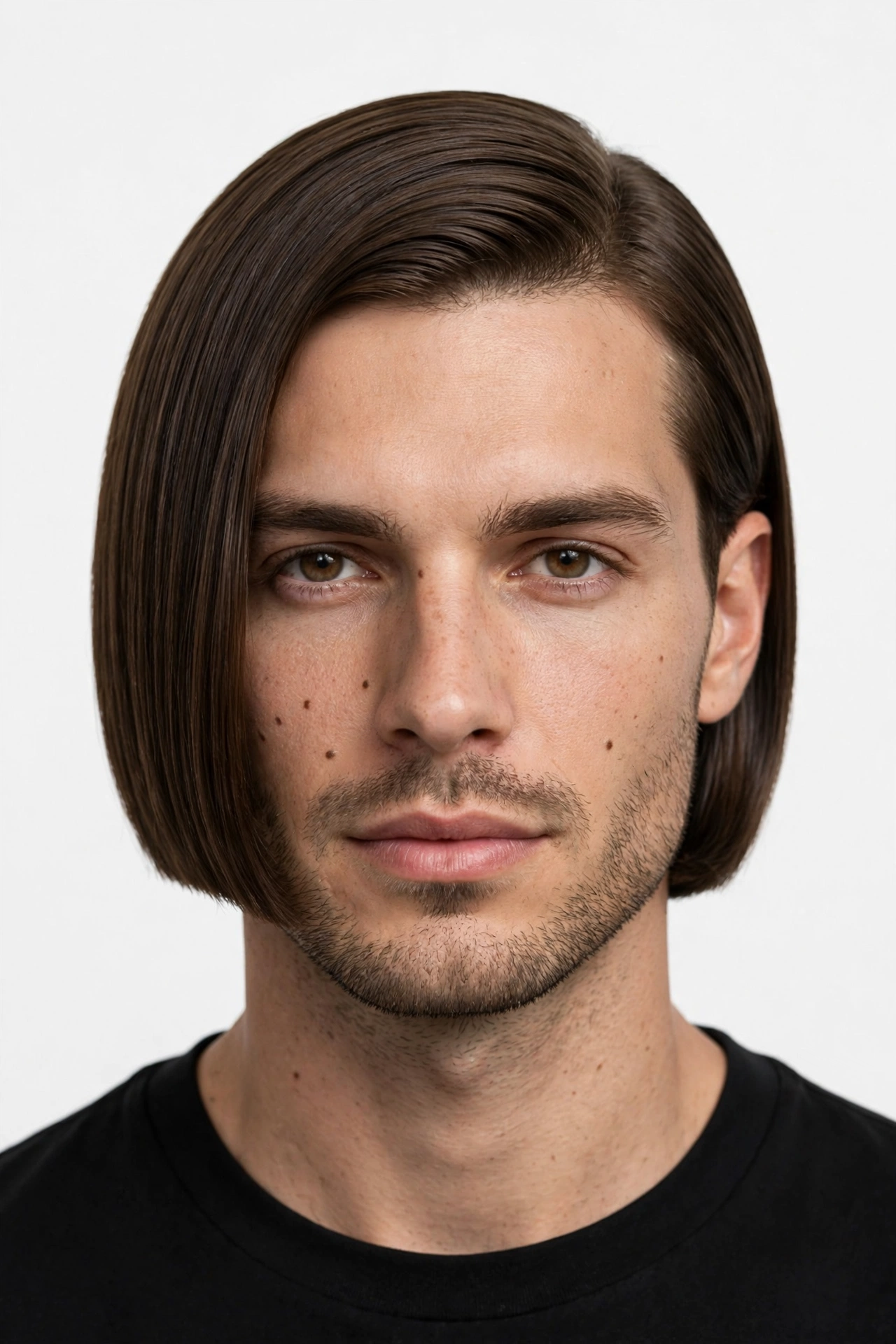 Chin-length men's lob haircut ending at the jawline, precise clean perimeter, premium men's hairstyle photography