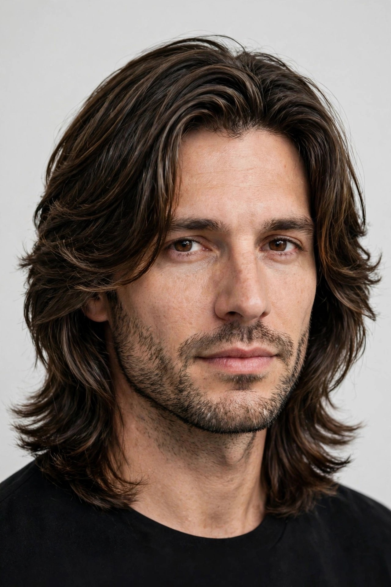 Shoulder-length men's lob haircut, hair skimming the shoulders with long layers, premium men's hairstyle photography