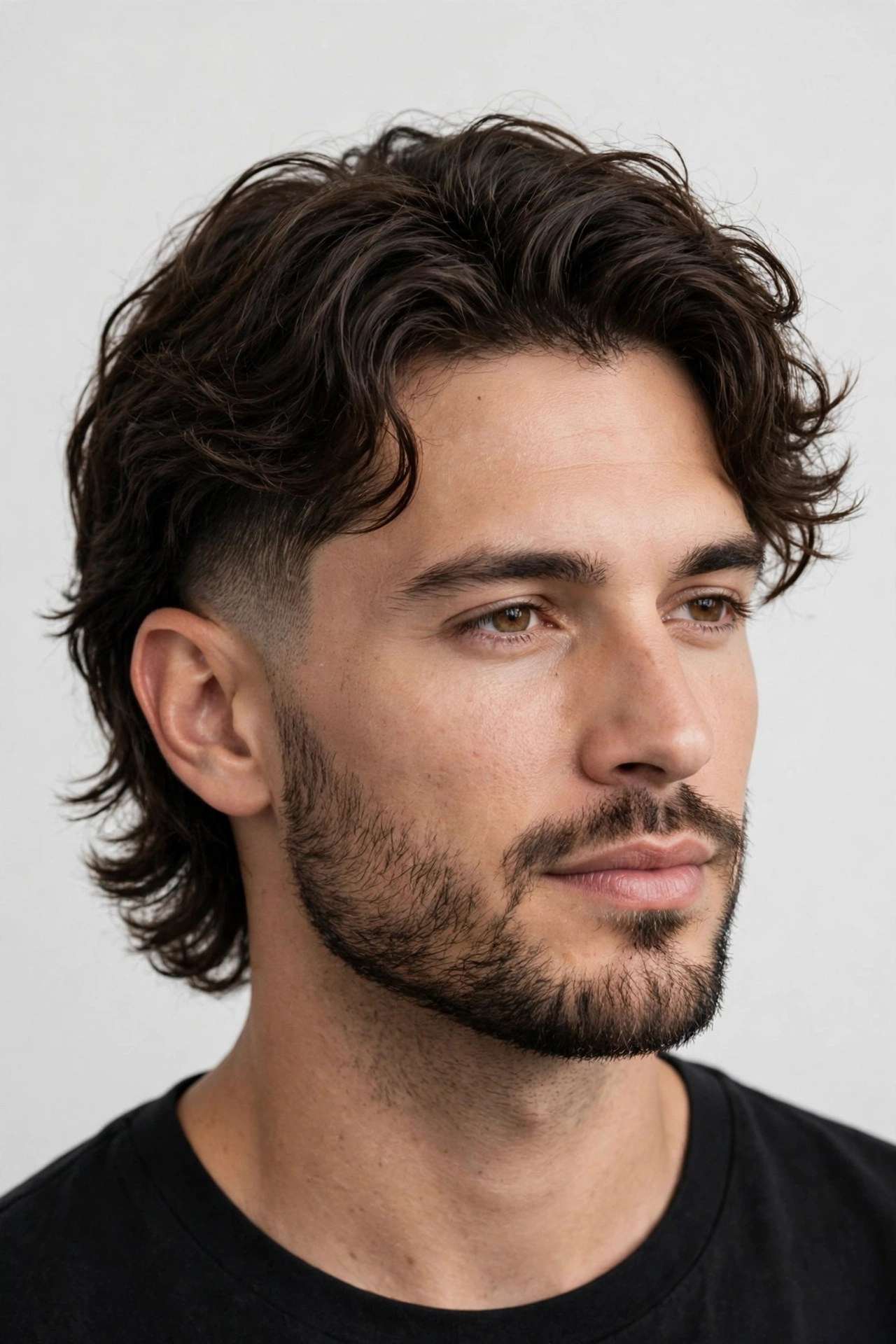 Tapered men's lob, chin-length top with tapered shorter sides around ears, premium men's hairstyle photography