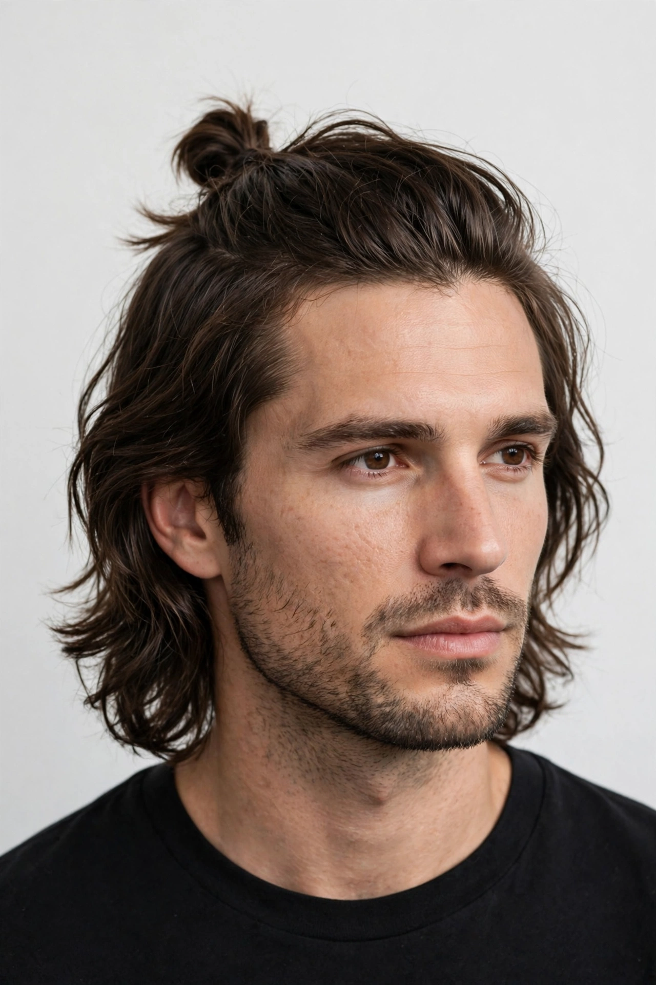 Half-up men's lob hairstyle, top half tied in a knot with the rest left down, premium men's hairstyle photography