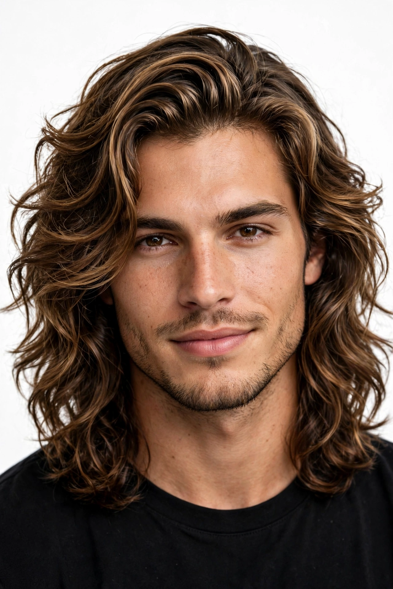 Confident young man with wavy men's lob at shoulder length, premium men's hairstyle photography