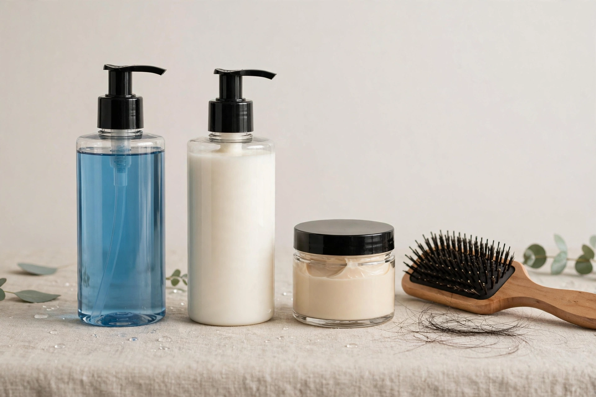 Hair care products for long men's hair — shampoo, conditioner, mask and brush on a counter, product photography