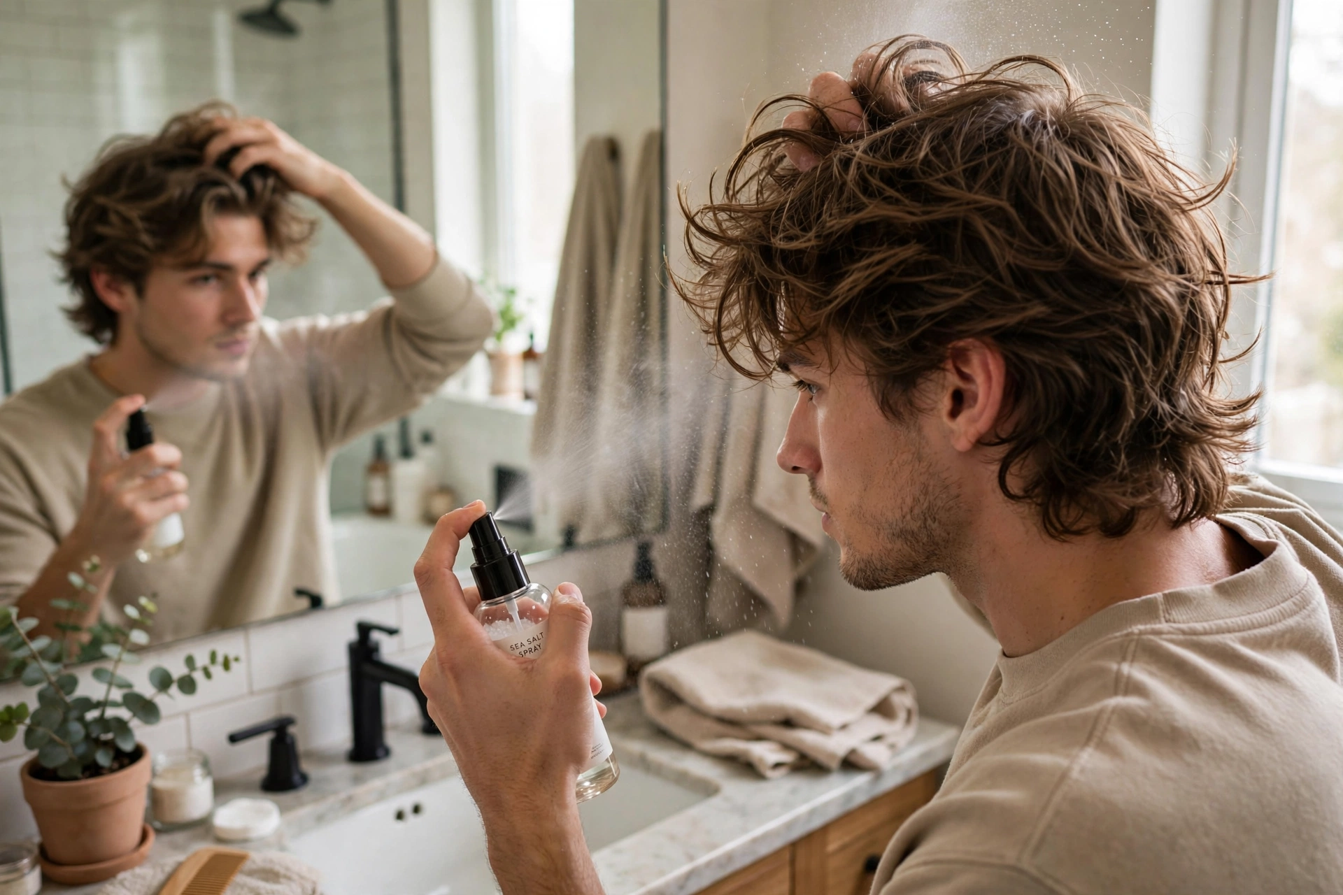 Young man styling his lob haircut at home with sea salt spray, bathroom mirror, lifestyle photography