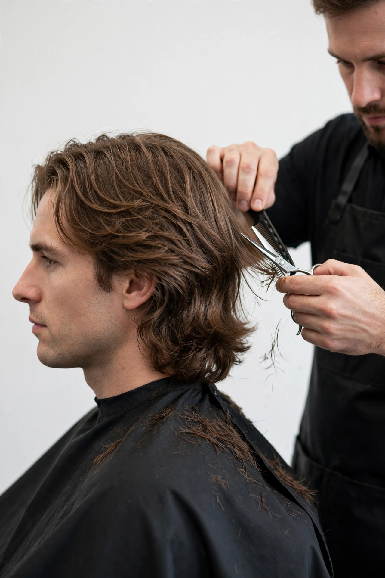 Barber trimming a man's shoulder-length lob haircut in a modern barbershop, scissors shaping the ends, professional salon photography