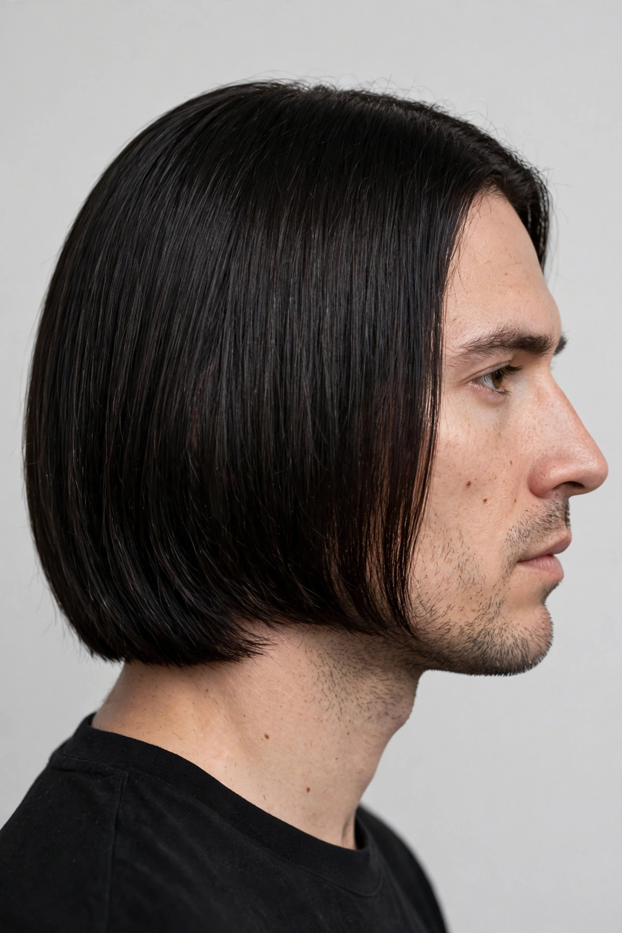 Man with a chin-length men's lob haircut, dark hair falling to the jawline, premium professional men's hairstyle photography, hair as hero