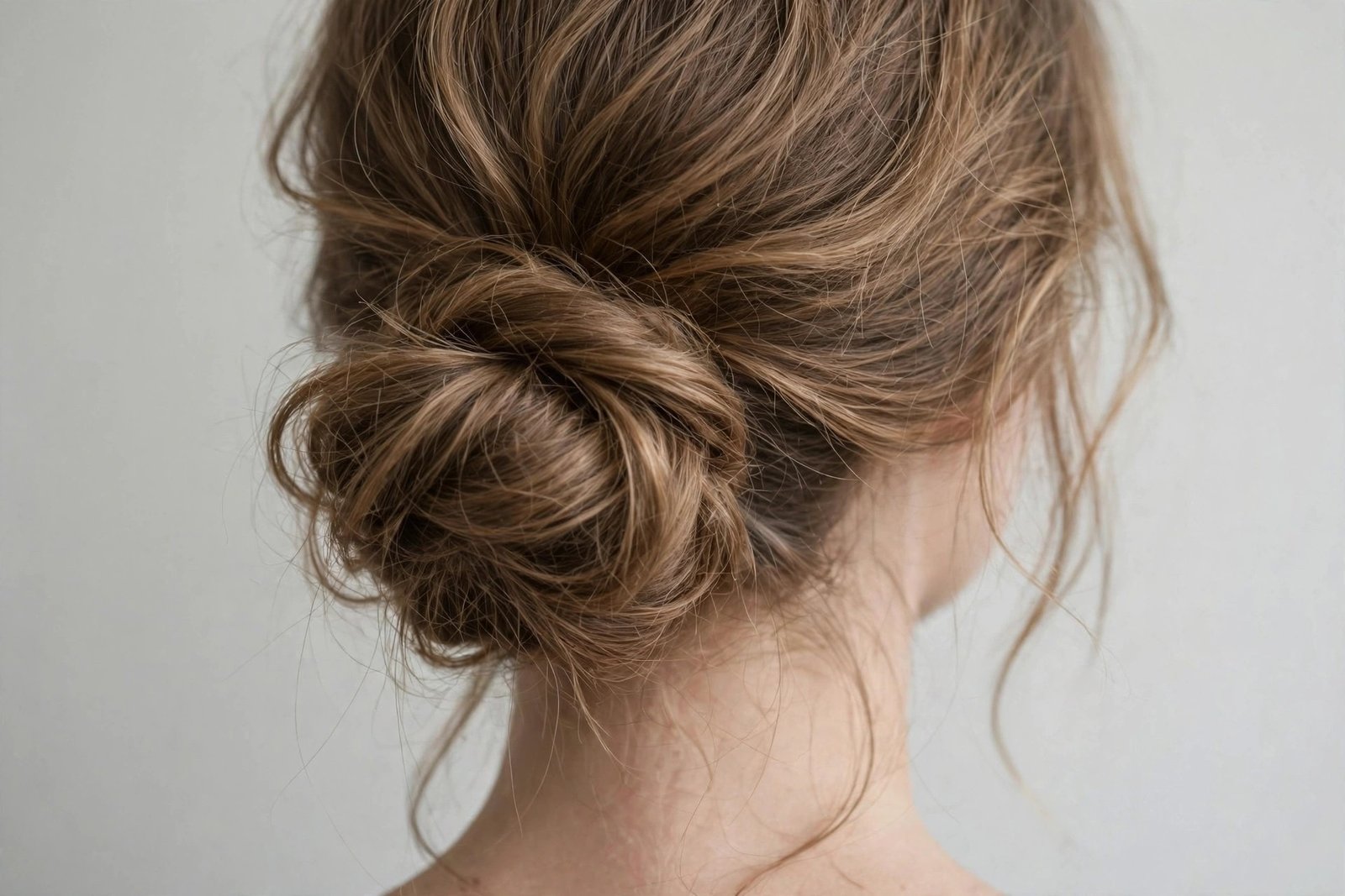 Classic low messy bun at the nape of the neck, soft relaxed updo with loose texture