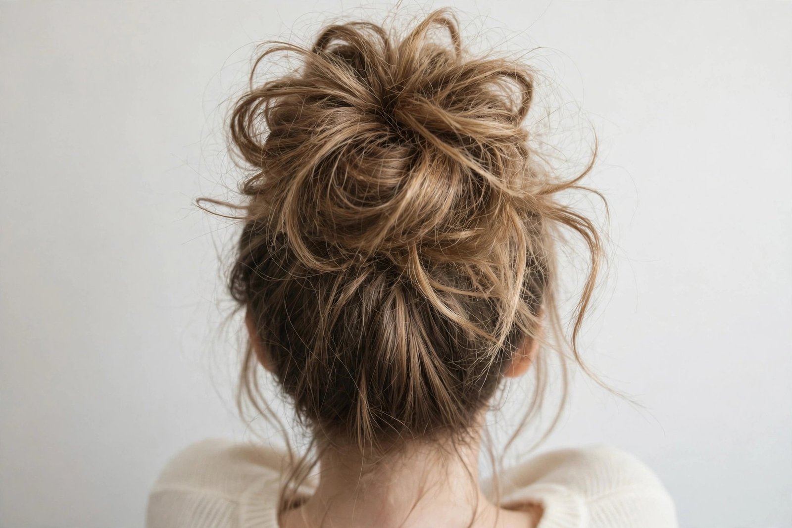High top knot messy bun on the crown, voluminous dramatic updo with soft texture