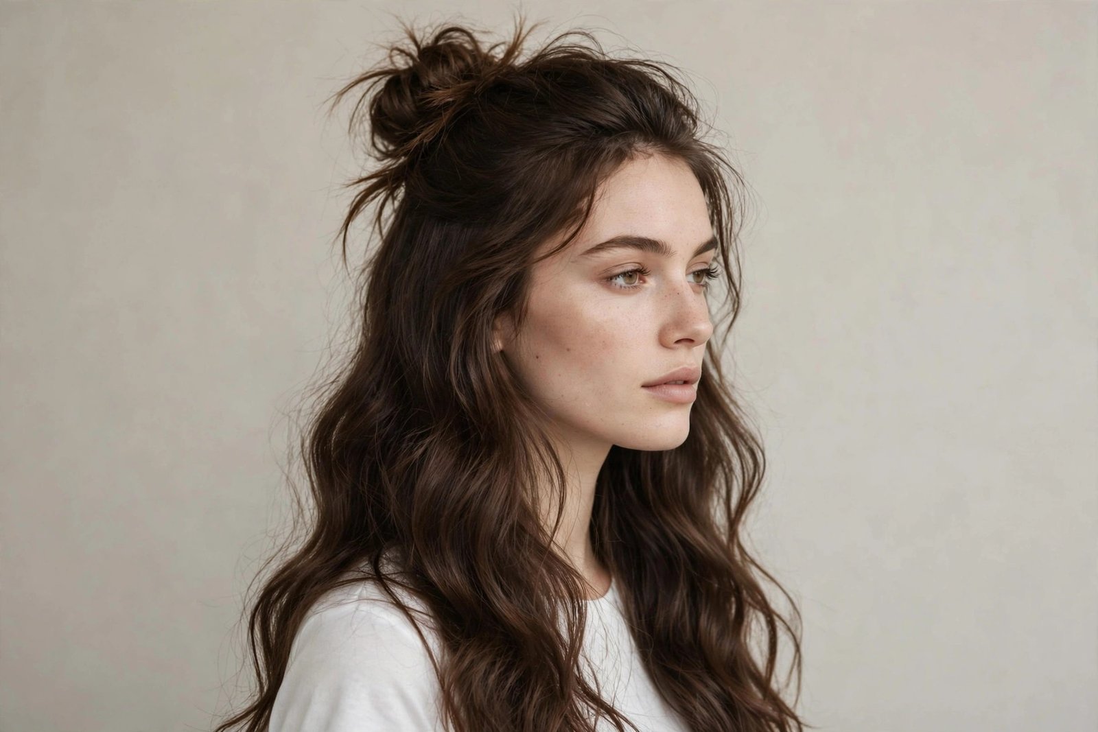 Half-up messy bun with the top section in a loose bun and the rest of the hair flowing down