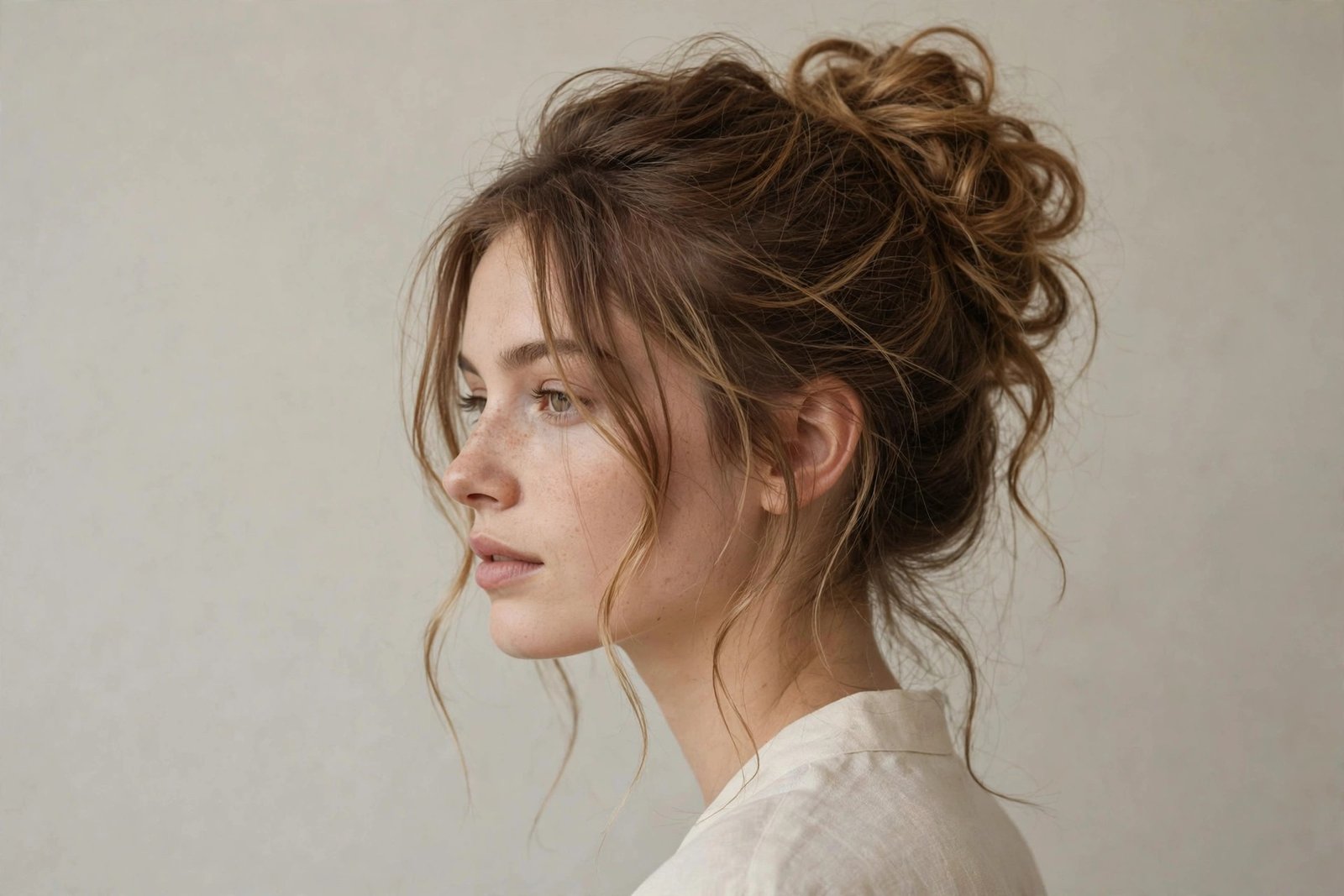 Messy bun with soft face-framing tendrils around the face, romantic effortless updo