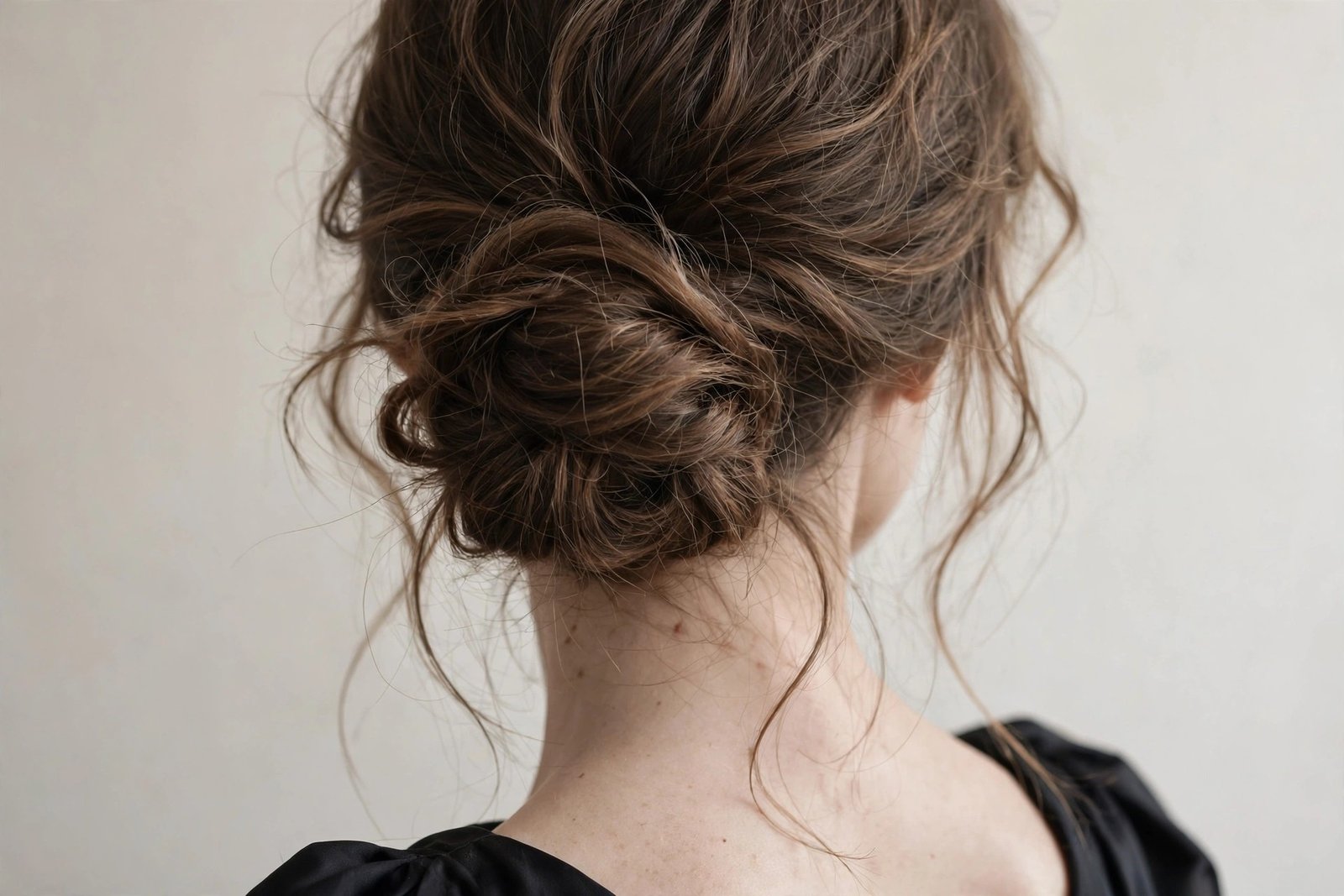 Elegant low chignon-inspired messy bun at the nape, soft romantic texture for formal occasions