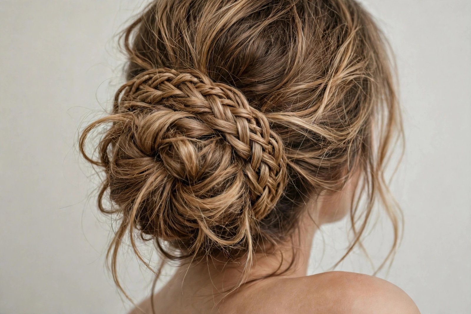 Messy bun wrapped with a loose braid, bohemian textured updo with soft romantic detail
