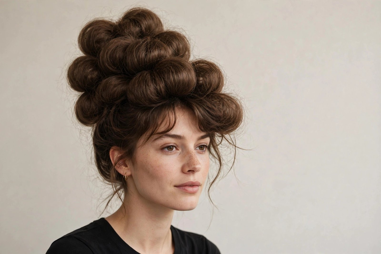 Playful bubble messy bun updo with voluminous rounded sections, fun textured hairstyle