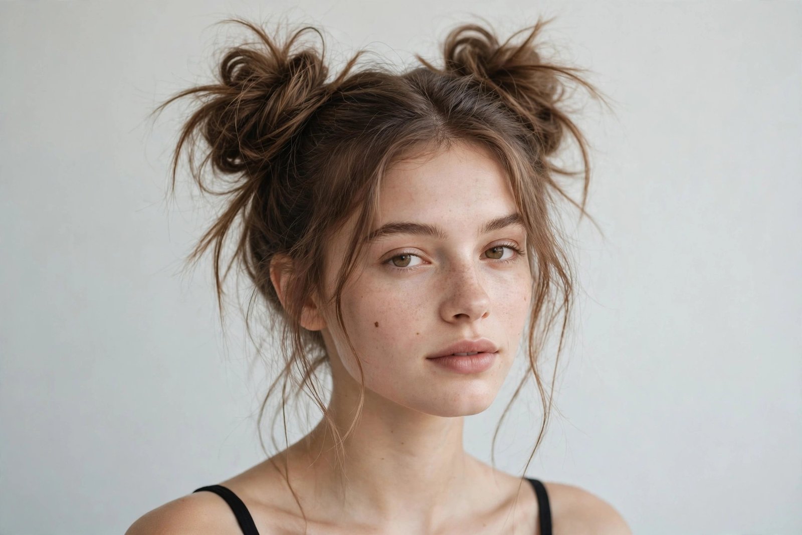 Double messy space buns on top of the head, playful symmetrical updo with soft texture
