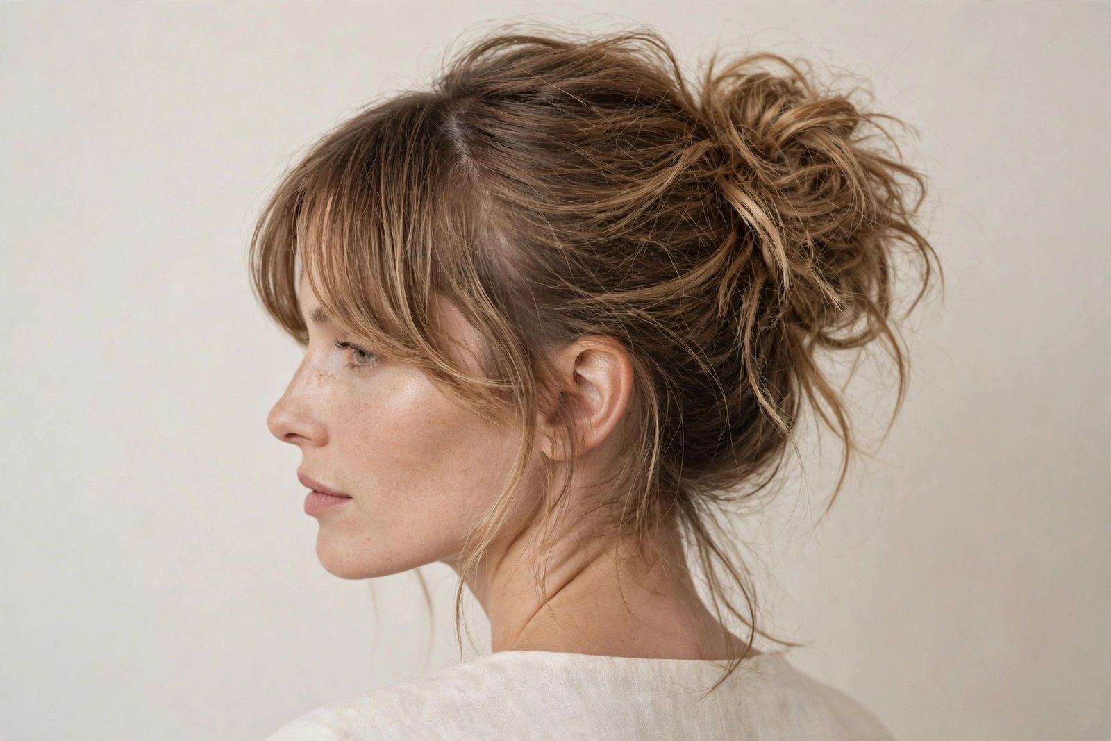 Messy bun paired with soft curtain bangs framing the forehead, trendy 2026 updo