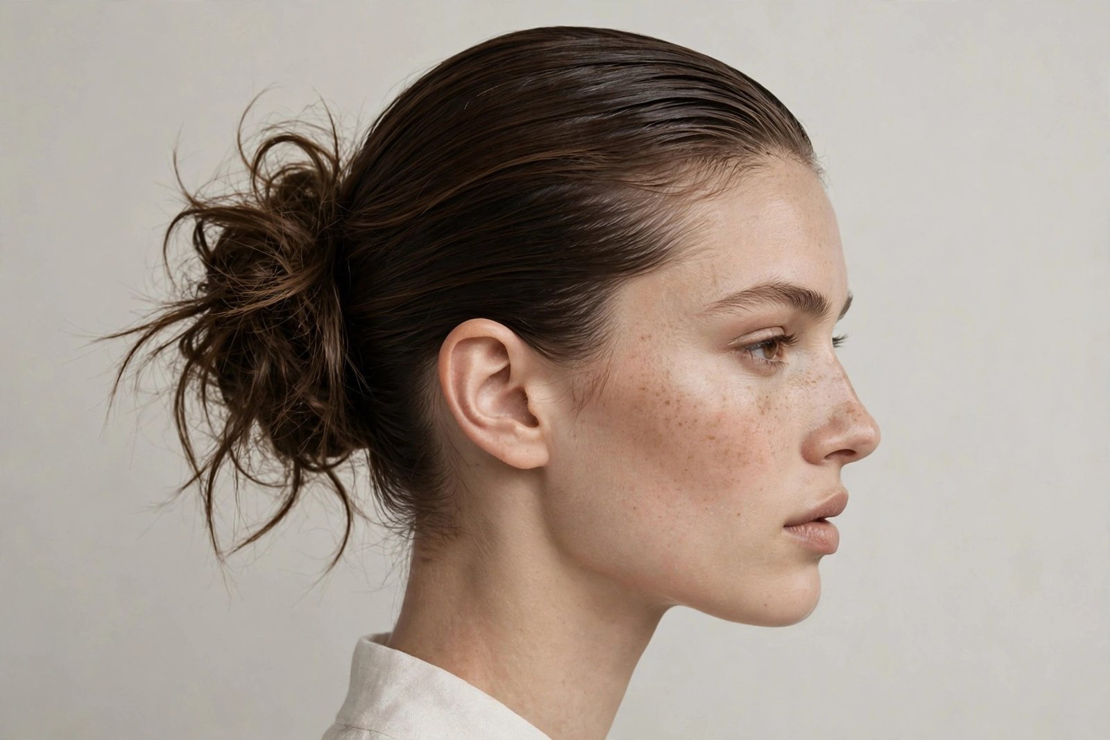 Messy bun with sleek polished roots and a textured loose bun, modern contrast updo
