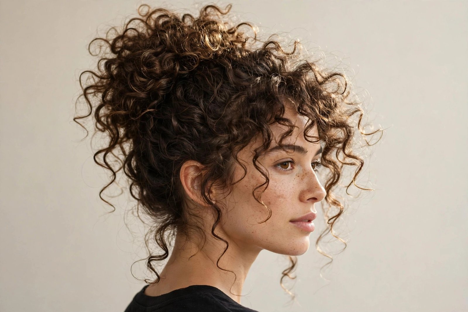 Messy bun on naturally curly hair, voluminous textured updo celebrating natural curl pattern