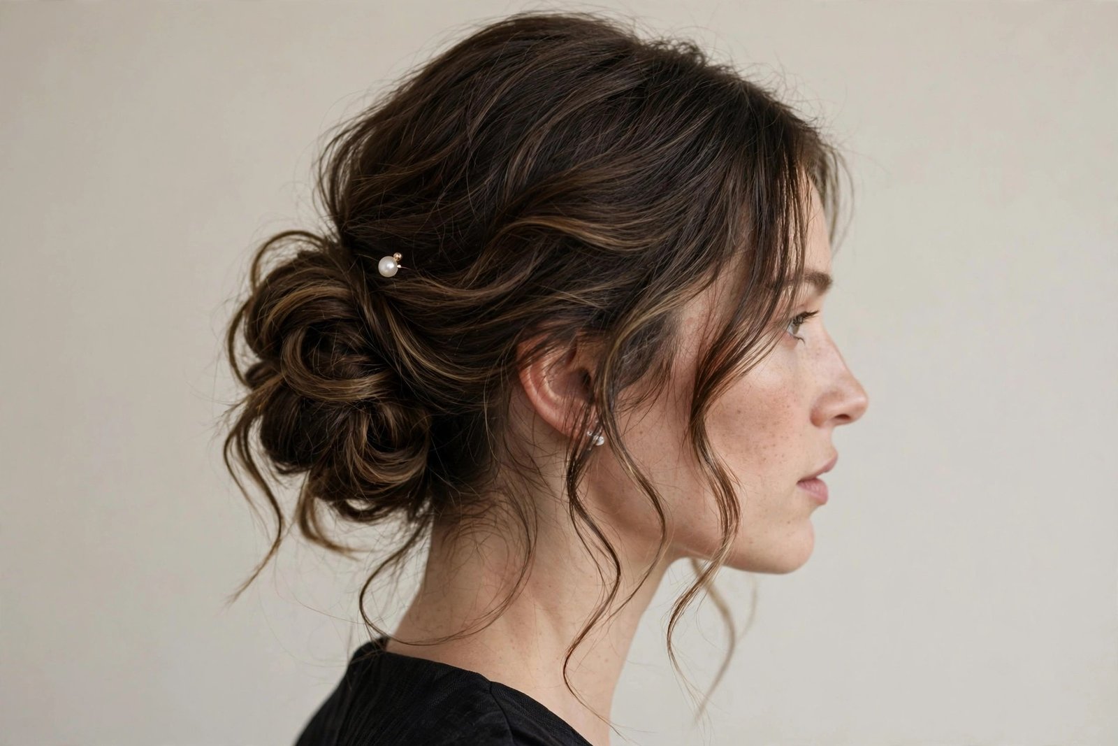 Elegant wedding-guest messy bun with soft romantic waves and delicate texture, formal updo