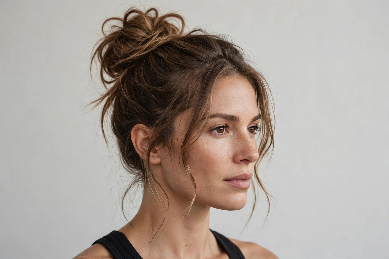 Sporty high messy bun built for workouts, secure athletic updo with soft texture