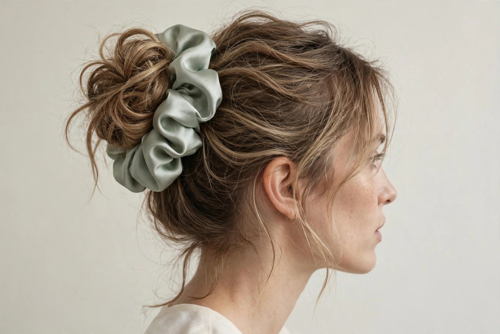Messy bun styled with an elegant silk scrunchie accessory, chic decorated updo