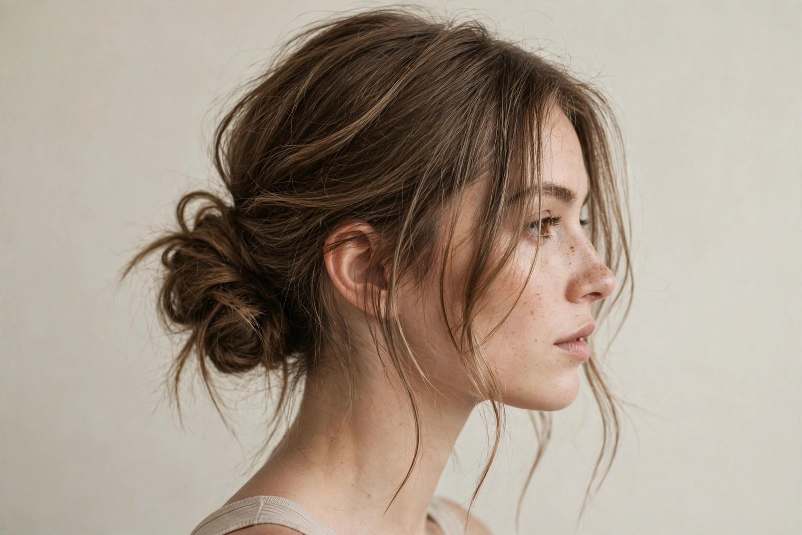 Side-swept messy bun positioned low at one side, romantic asymmetrical updo