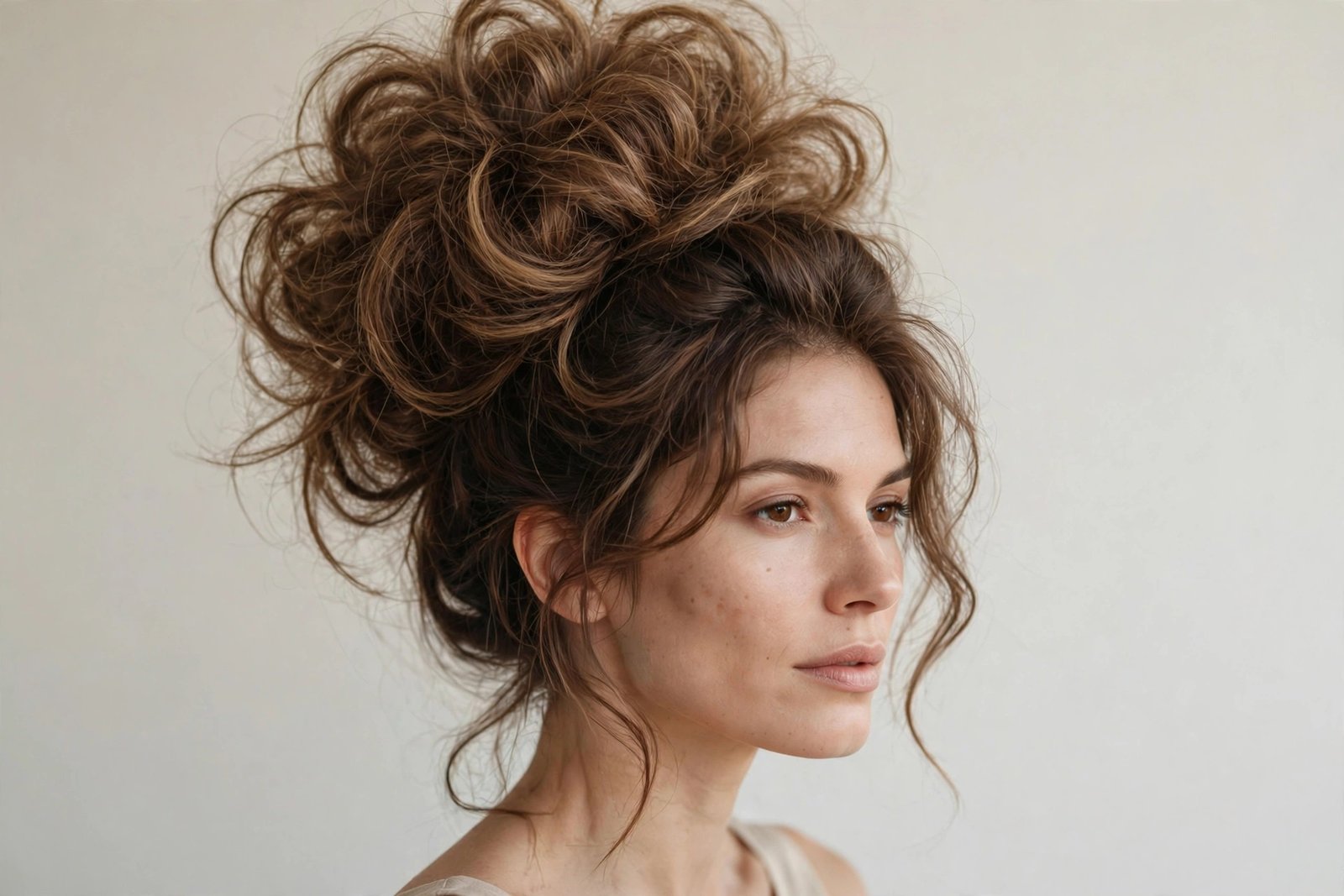 Big voluminous textured messy bun with maximum fullness, glamorous statement updo