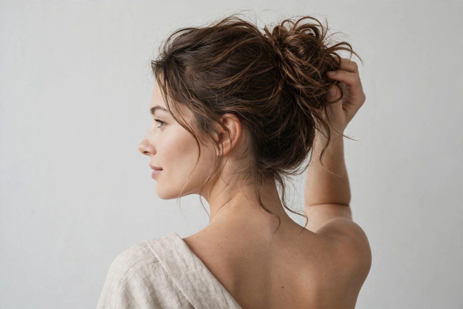 Woman adjusting her messy bun in a mirror, answering common messy bun styling questions