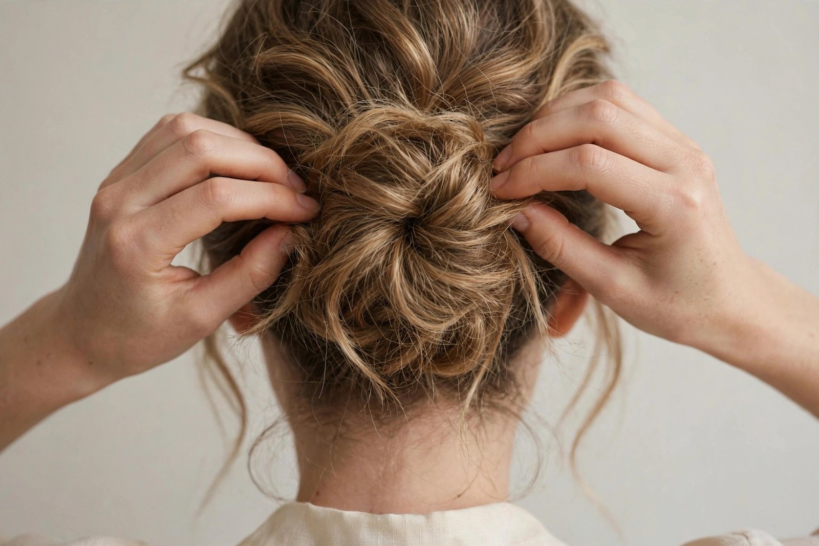 Step-by-step messy bun styling routine, hands pinning a textured bun with soft natural light