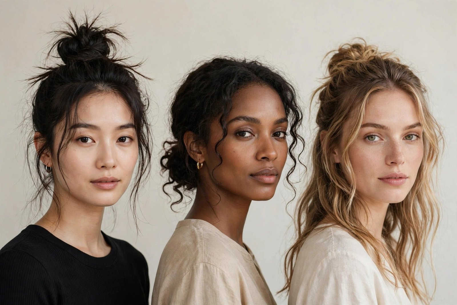 Collection of messy bun hairstyle variations on women, showing high, low and half-up messy bun updos in soft studio light