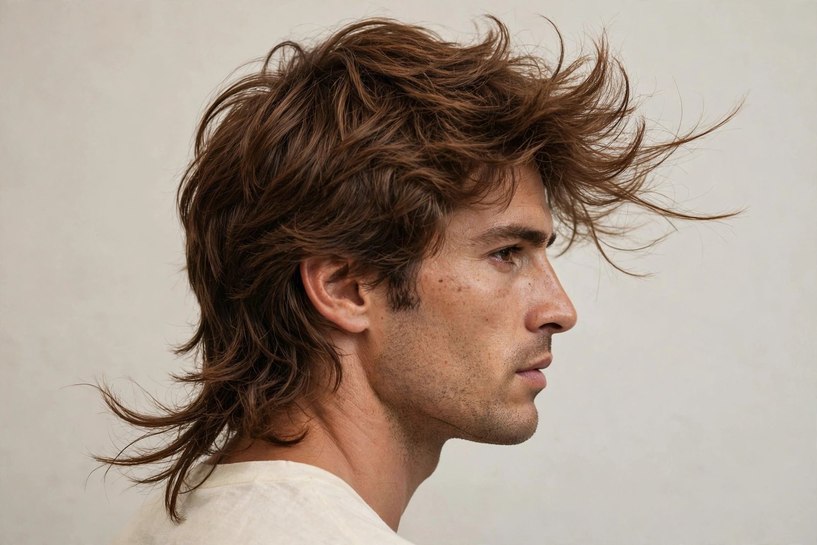 Classic Italian messy mullet with soft textured layers and natural lived-in volume