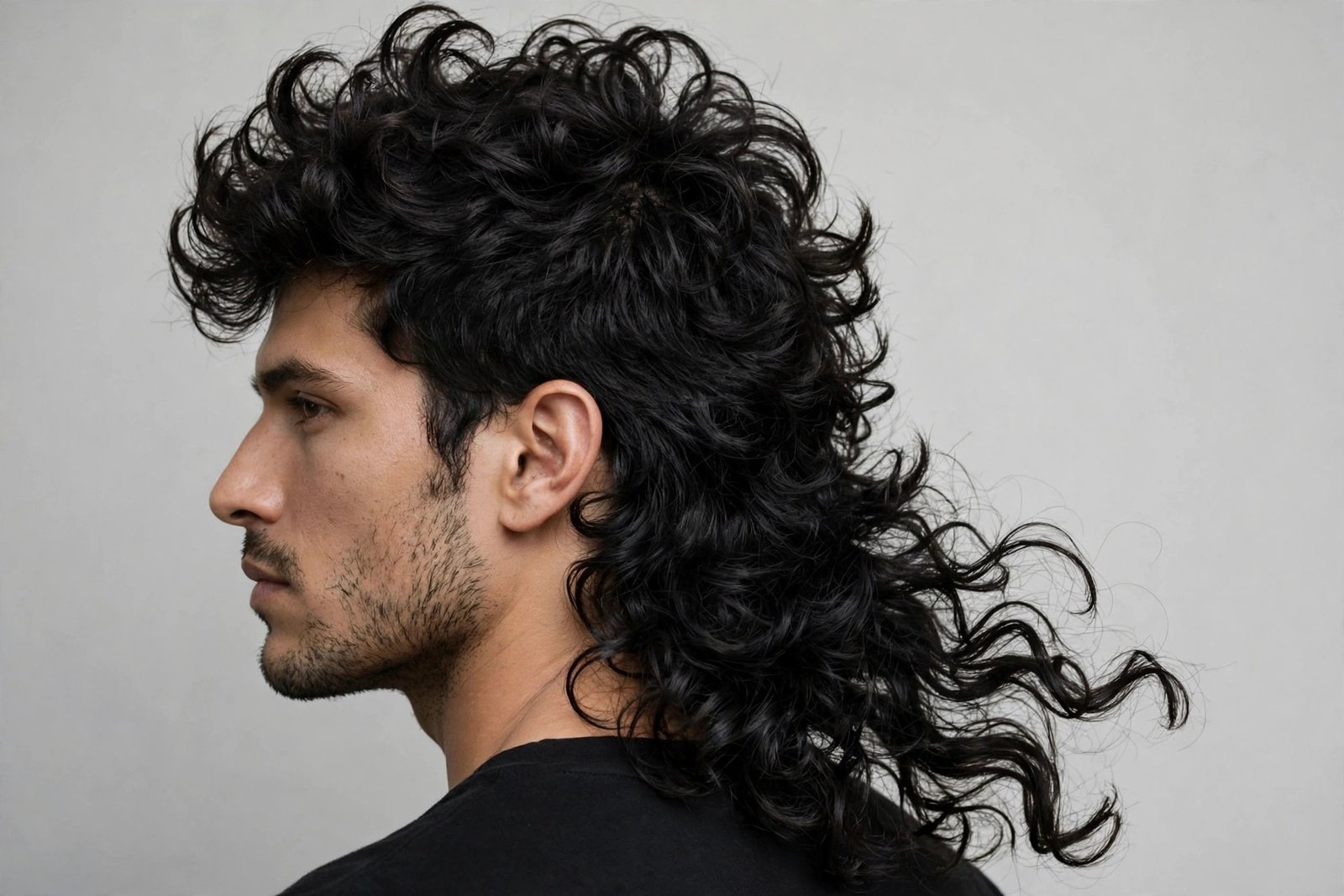 Curly messy mullet with defined natural curls and textured tail
