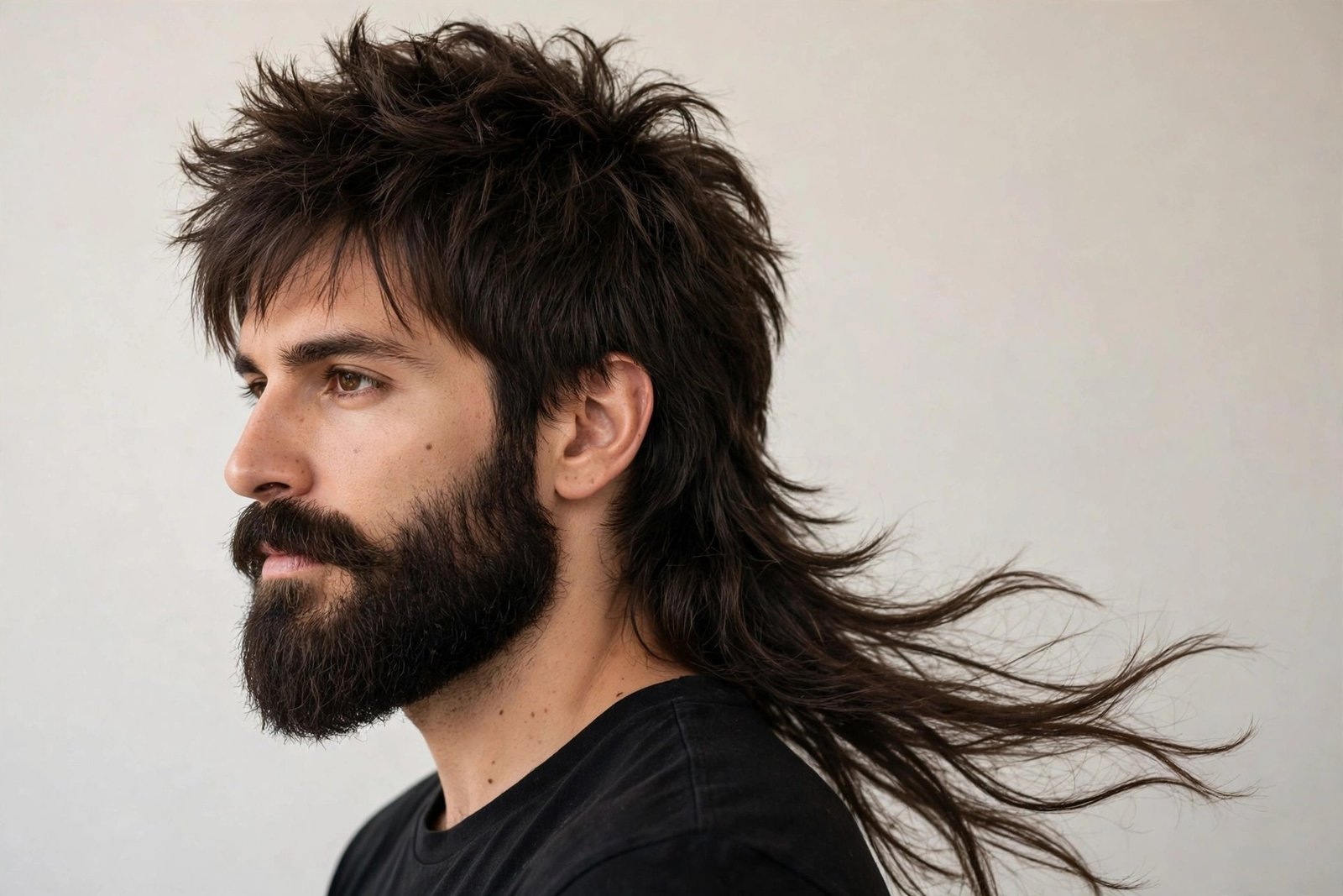 Messy mullet with thick beard showing the Italian grooming aesthetic