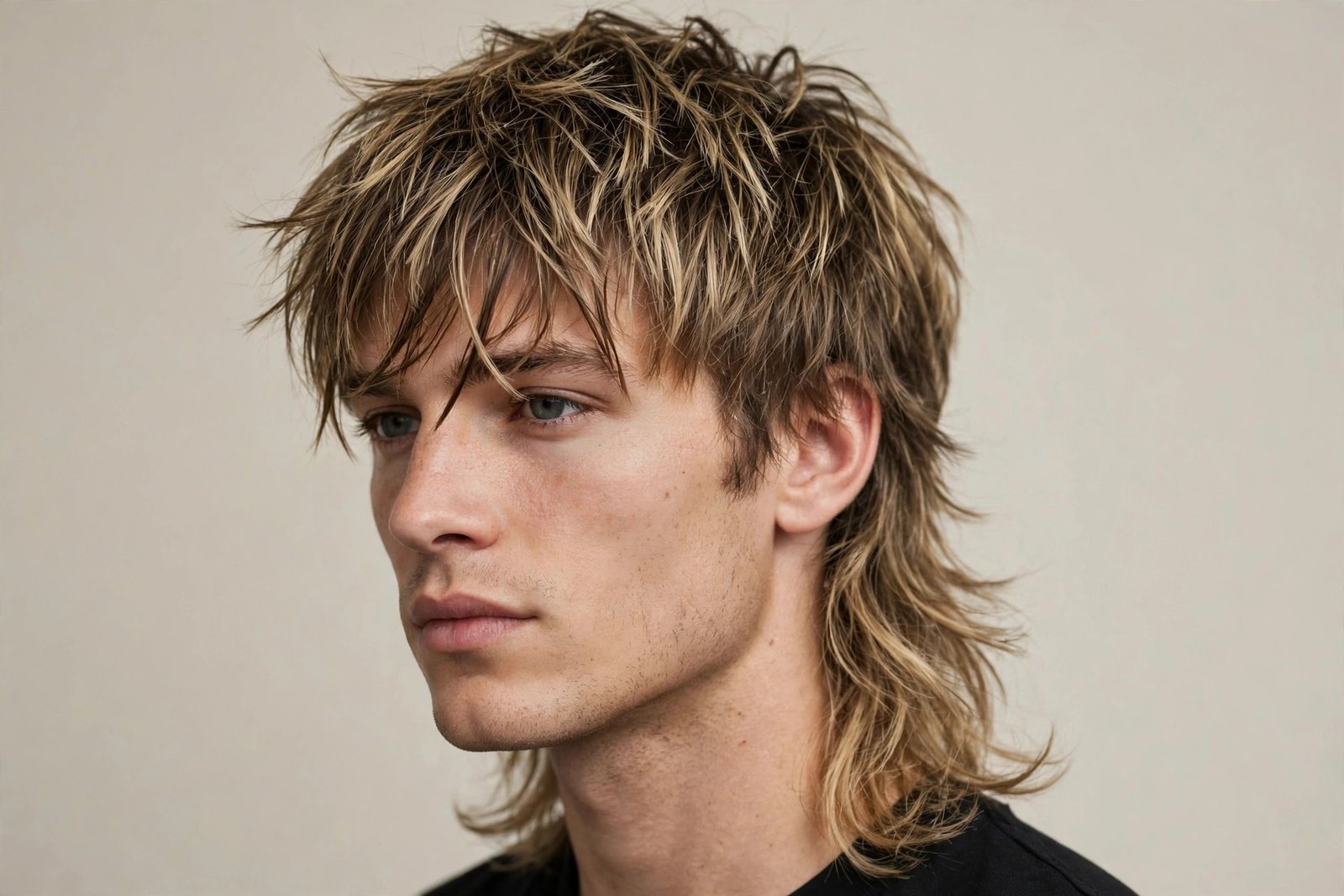Tousled fringe messy mullet with textured bangs falling over forehead