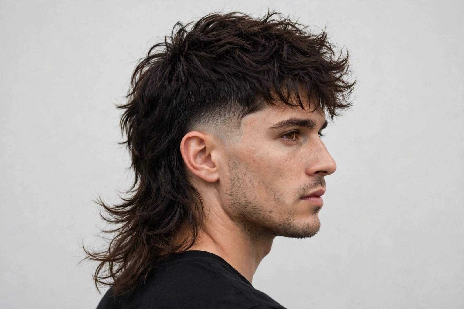 Messy mullet with temple fade and sharp contrast detailing