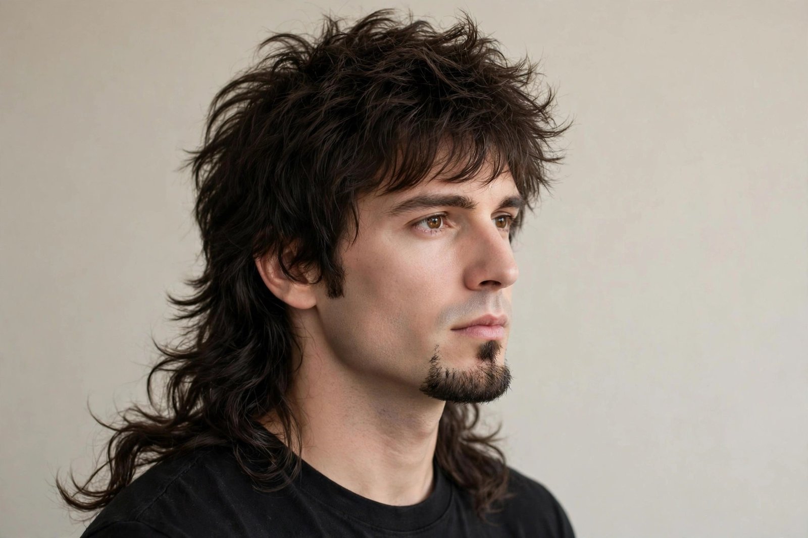 Messy mullet with goatee showing balanced facial hair pairing